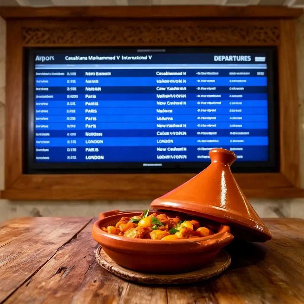 Casablanca airport departures board with a tagine dish in the foreground