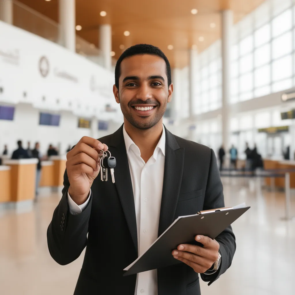Reputable car rental services Casablanca airport counter with friendly agent holding keys at Mohammed V Terminal 1