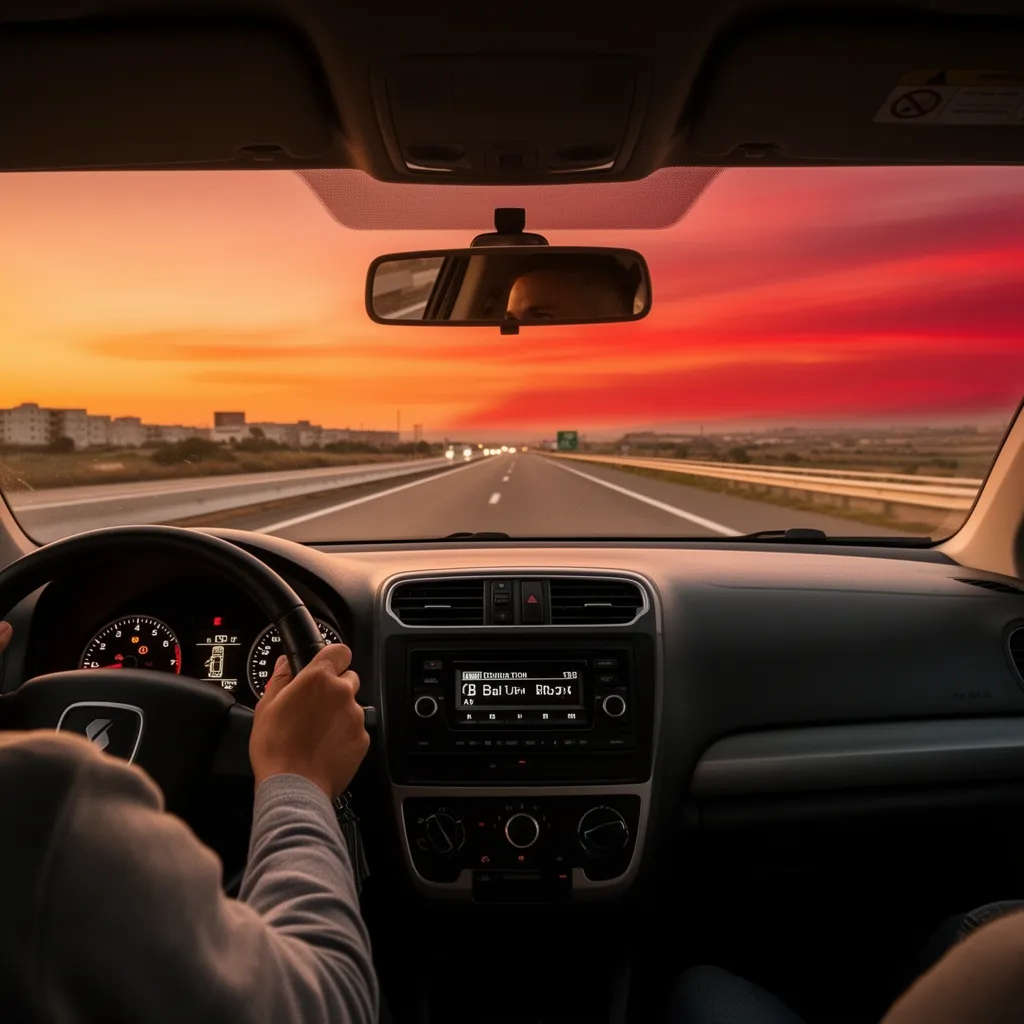 Driving in Morocco for tourists on A1 highway near Casablanca rental car road trip during golden hour