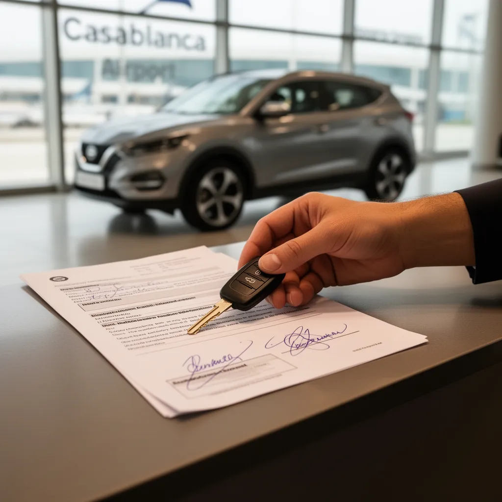 Step by step booking process car rental Casablanca airport final checkout signing agreement