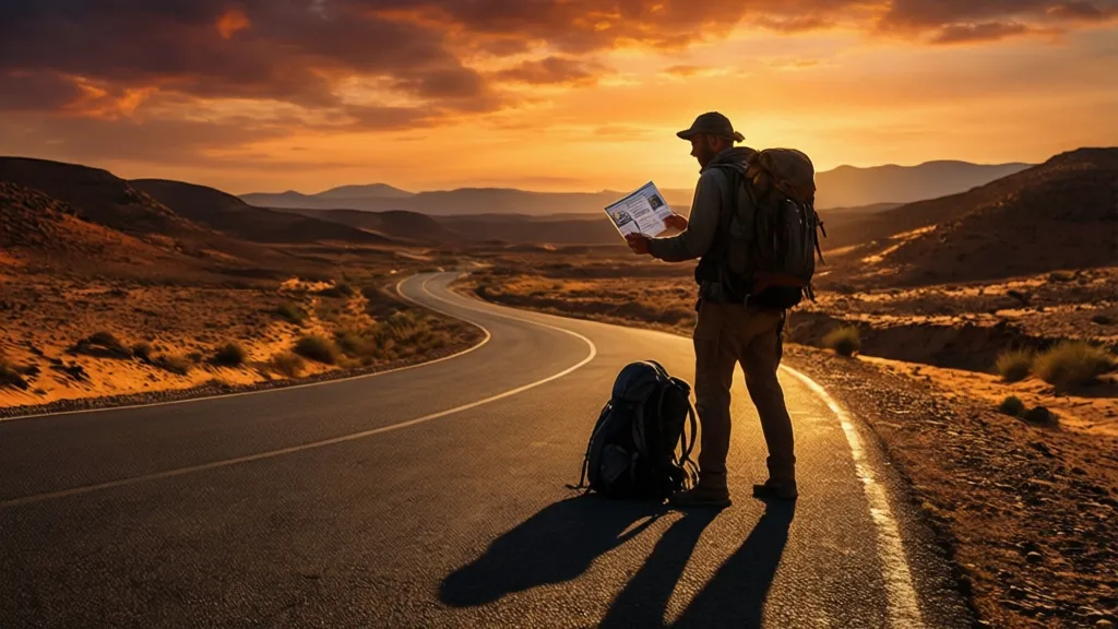 Best travel insurance for Morocco trips: traveler with policy document at sunset near Merzouga desert road