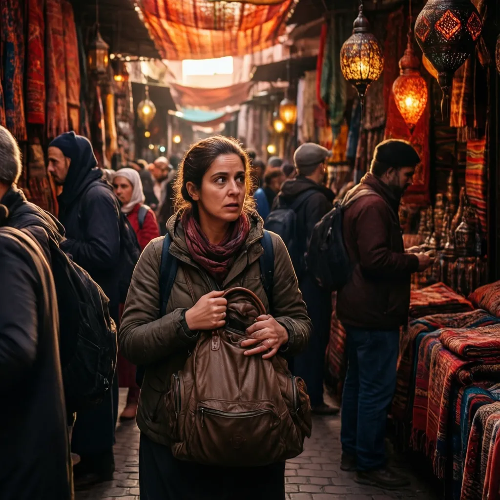Travel insurance Morocco protection: traveler guarding her bag in crowded Marrakech souk with colorful textiles and lanterns