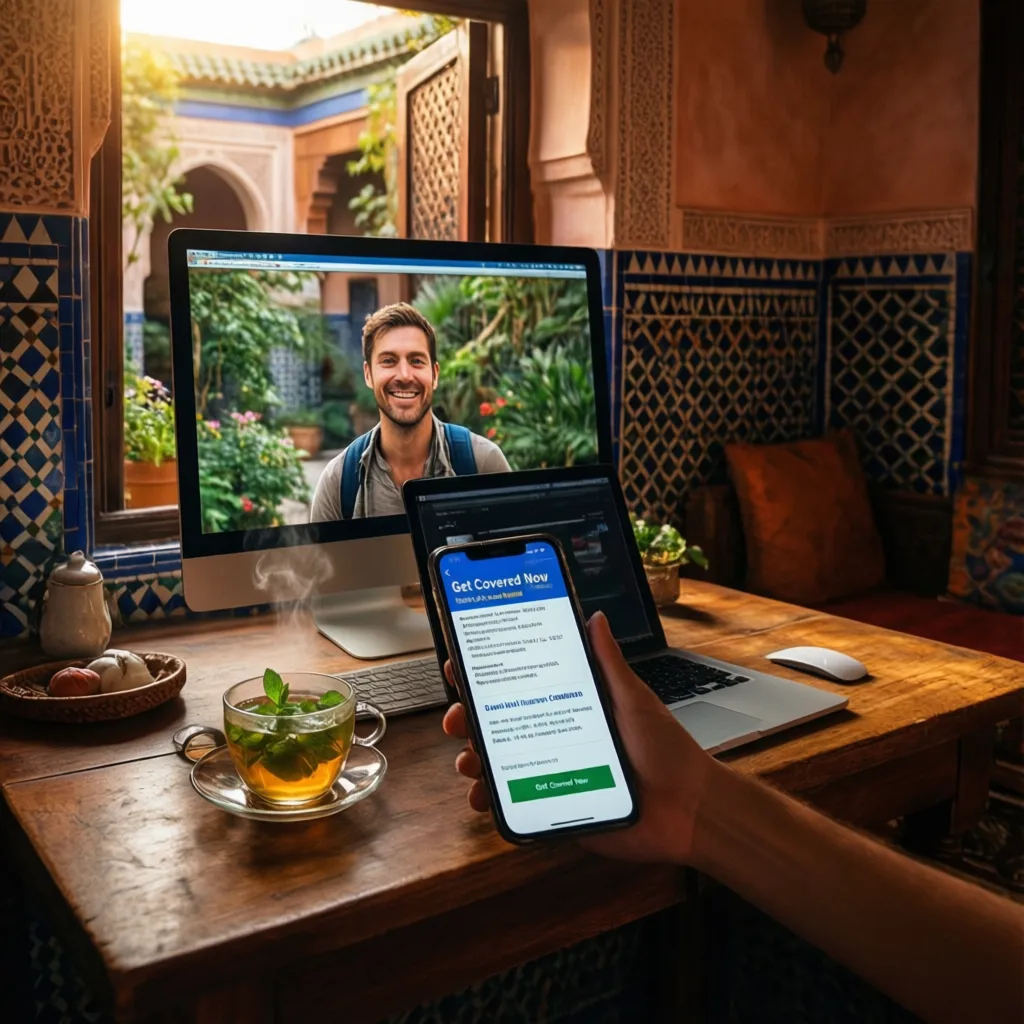Best travel insurance for Morocco trips 2026: traveler booking policy on laptop in Marrakech riad with mint tea