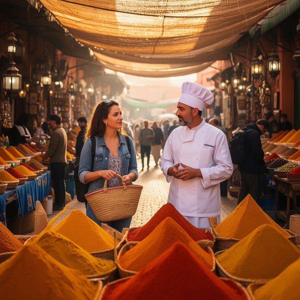 Tourist exploring Marrakech spice market during Moroccan cooking class for tourists, authentic local shopping experience with chef at Bab Doukkala