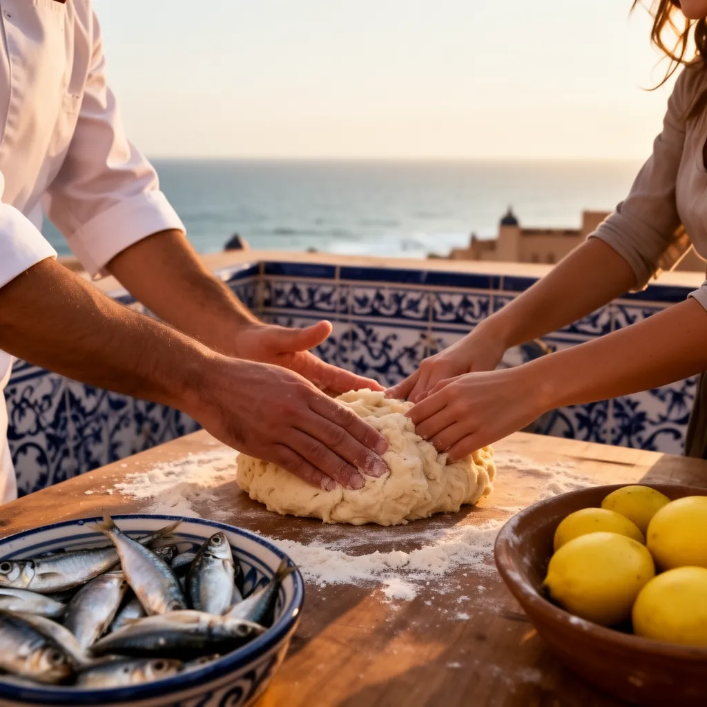 Hands-on cooking activity in Essaouira cooking class for tourists learning Moroccan bread making with seafood ingredients and ocean view