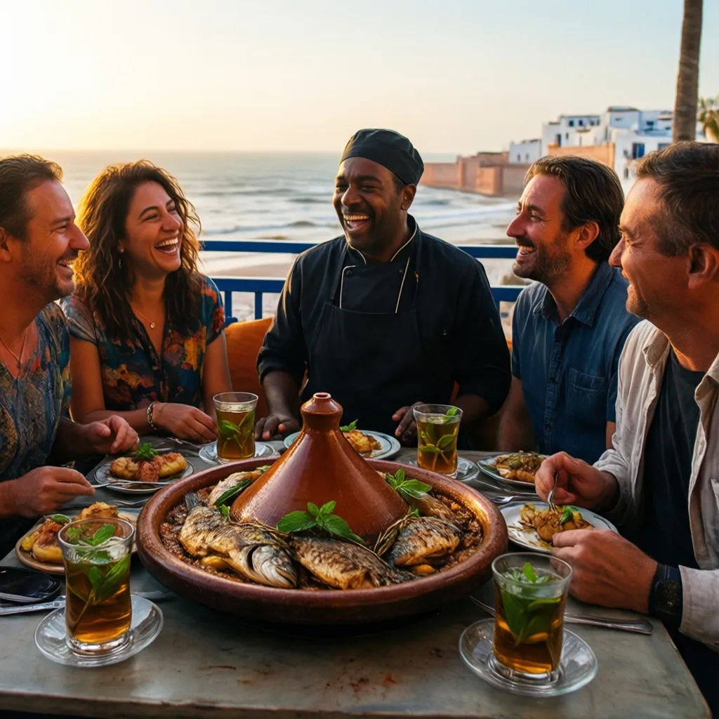 Tourists enjoying seafood tagine at top-rated Essaouira cooking class with local chef, authentic Moroccan cuisine experience with ocean terrace dining