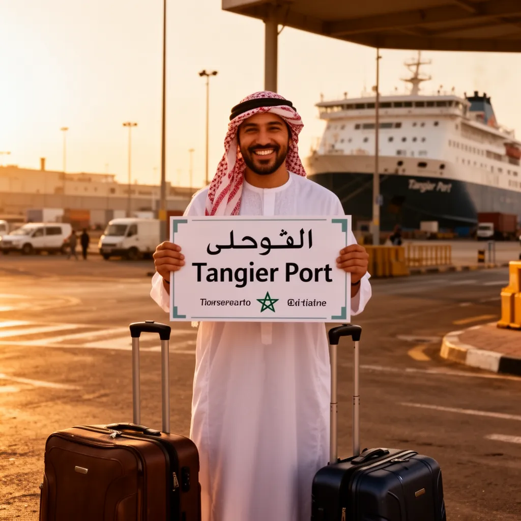 Private transfer Tangier to Chefchaouen driver meeting a traveller with a name sign at the port terminal exit