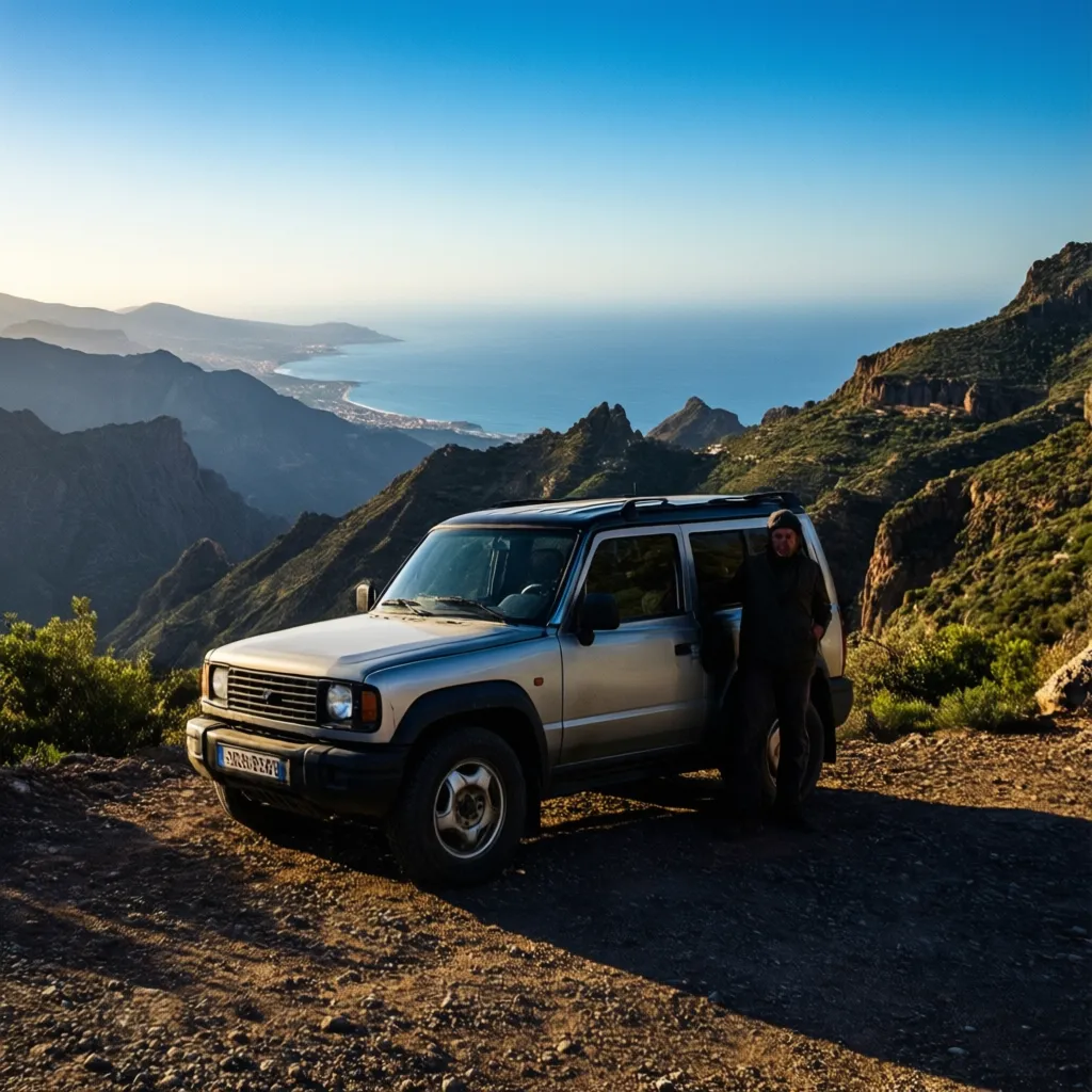 Private transfer Tangier to Chefchaouen comfort 4x4 SUV at a mountain viewpoint near Tétouan