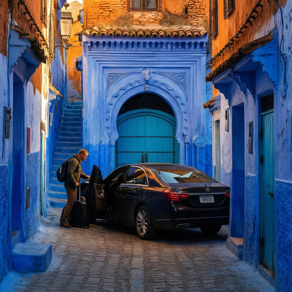 Private transfer Tangier to Chefchaouen arriving at Chefchaouen medina gate with driver assistance