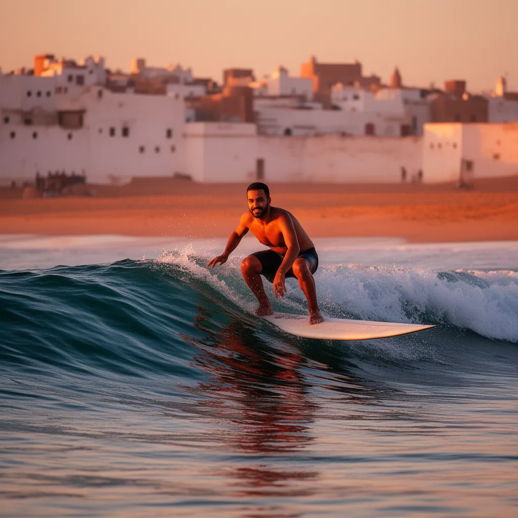 Beginner surfer riding an Atlantic wave at Essaouira, one of the best Morocco adventure travel destinations