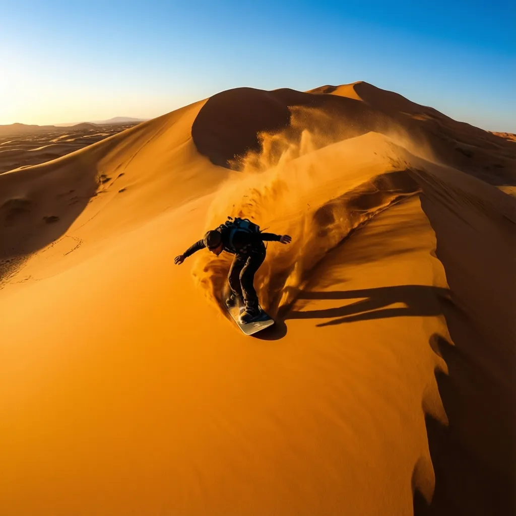 Sandboarder riding down a golden dune at sunrise in Erg Chebbi, Merzouga