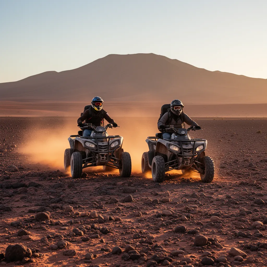 Quad bikers crossing the rocky Agafay Desert plateau at sunset — one of the closest Morocco adventure travel destinations to Marrakech