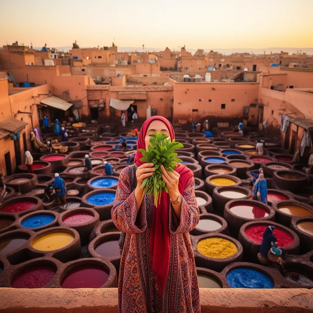 Traveler viewing Chouara Tannery from rooftop in Fes Medina Morocco holding mint leaves overlooking colorful natural dye pits at sunrise