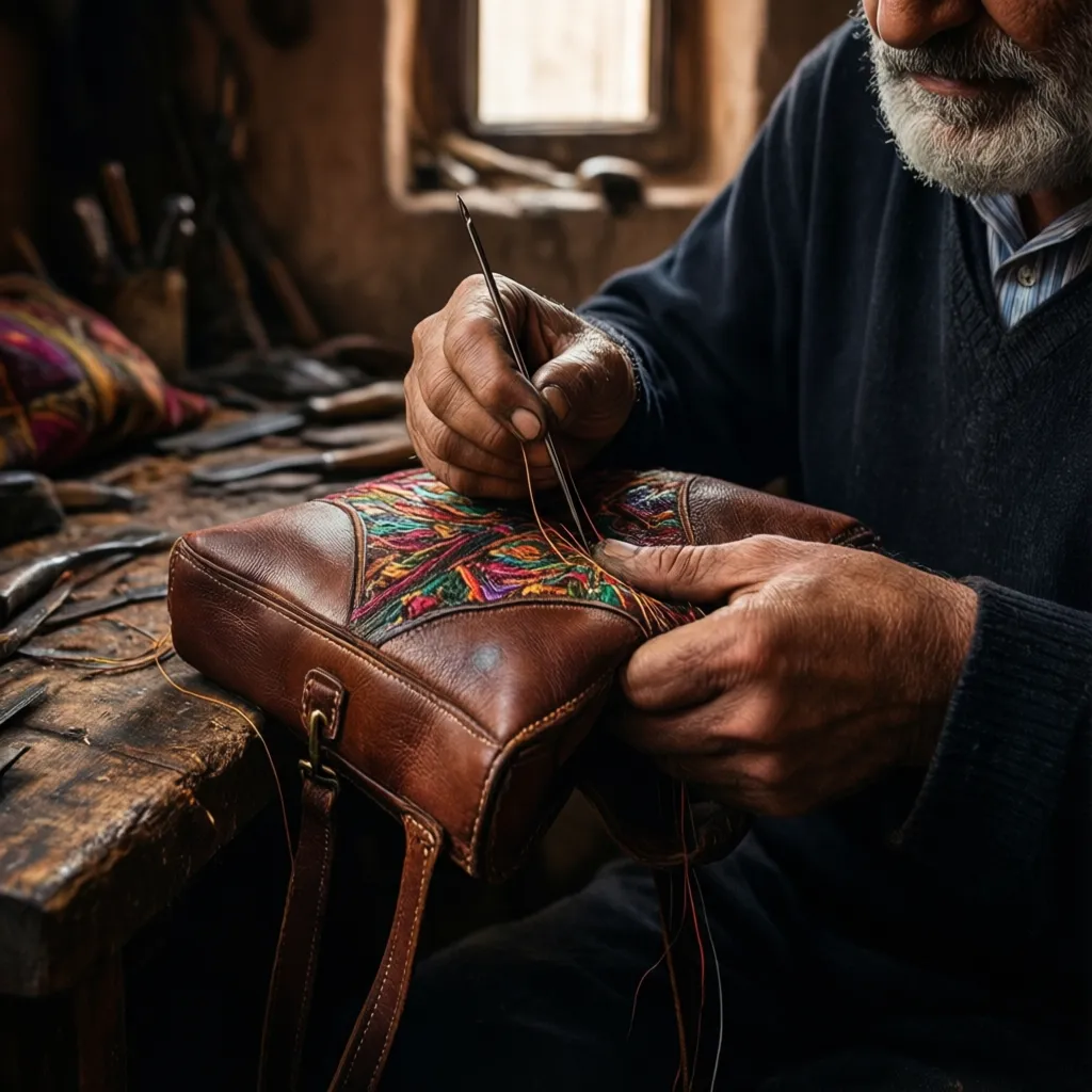 Close-up of skilled artisan hand-stitching genuine Moroccan leather bag in Fes medina workshop showing natural dyes and stitching techniques
