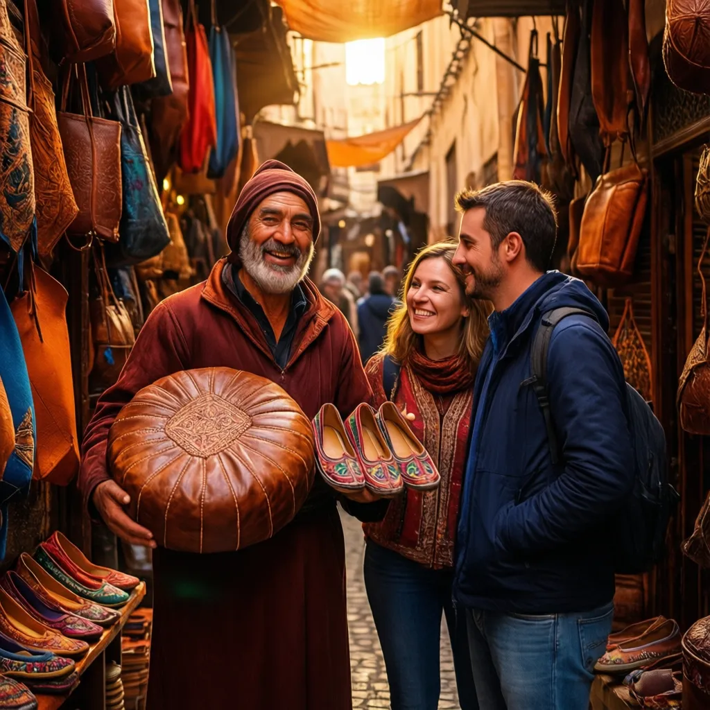 Happy tourist couple shopping for handcrafted leather souvenirs in Derb el-Miter street Fes Medina Morocco with artisan shopkeeper holding traditional pouf and embroidered slippers