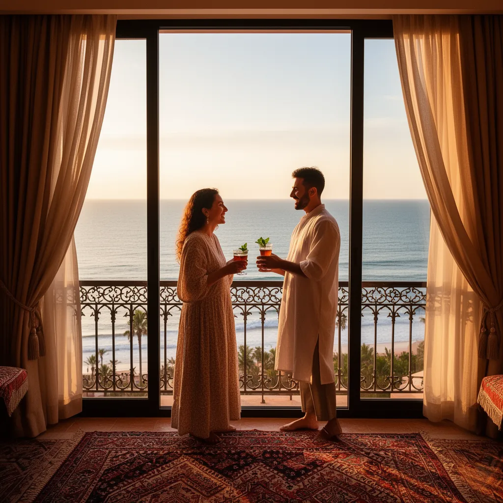 Best hotels in Casablanca with ocean views – couple on private balcony at Four Seasons Casablanca enjoying mint tea and Atlantic sunset