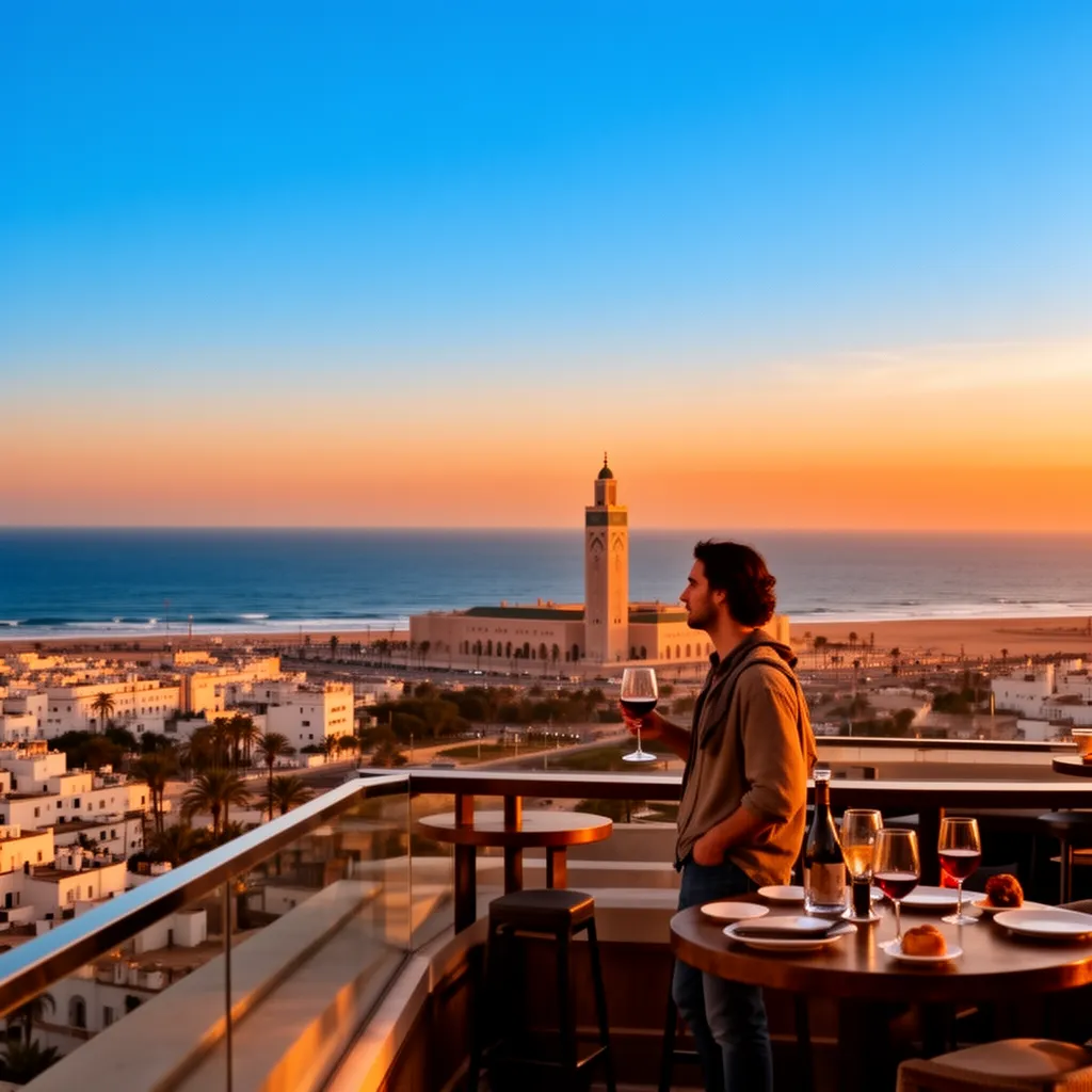 Casablanca ocean view resort – rooftop terrace at Kenzi Tower Hotel overlooking Atlantic and Hassan II Mosque at sunset