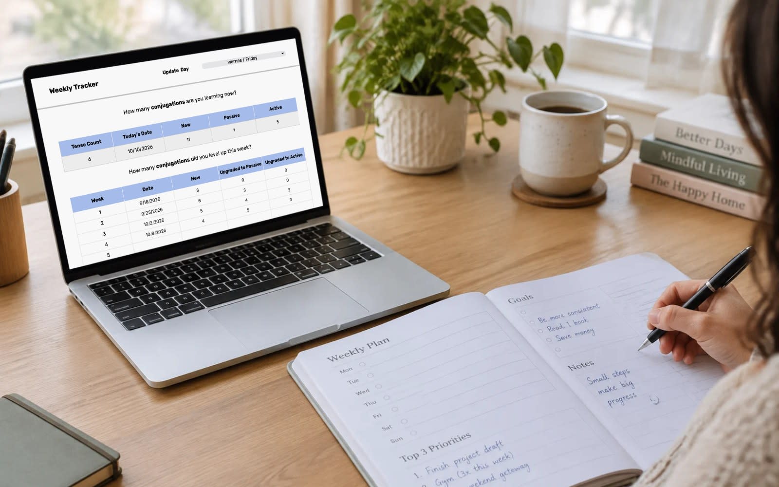 Laptop showing the Conjugation Kit Weekly Tracker next to a printed weekly plan being filled in with a pen