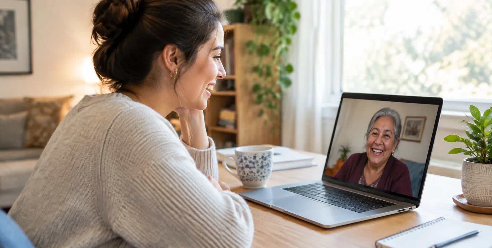 Learner smiling and relaxed mid-conversation on a video call with a family member