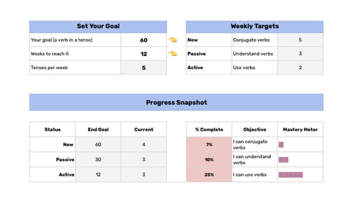 Conjugation Tracker progress dashboard showing goals, weekly targets, and New, Passive, and Active progress