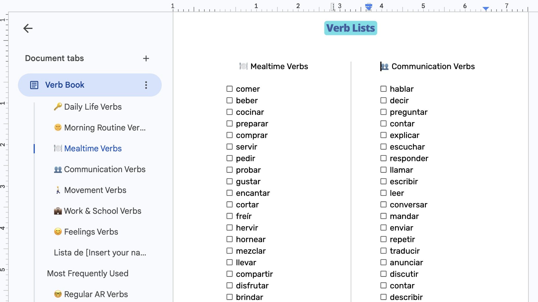 Spanish Verb Book in Google Docs with document tabs listing every verb group and the Mealtime and Communication verb checklists
