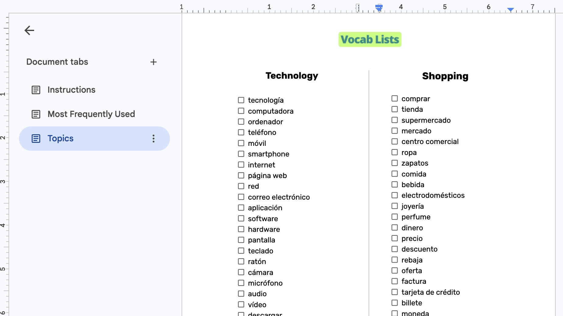 Spanish Vocabulary Lists in Google Docs with document tabs listing the most frequently used word groups and topic lists