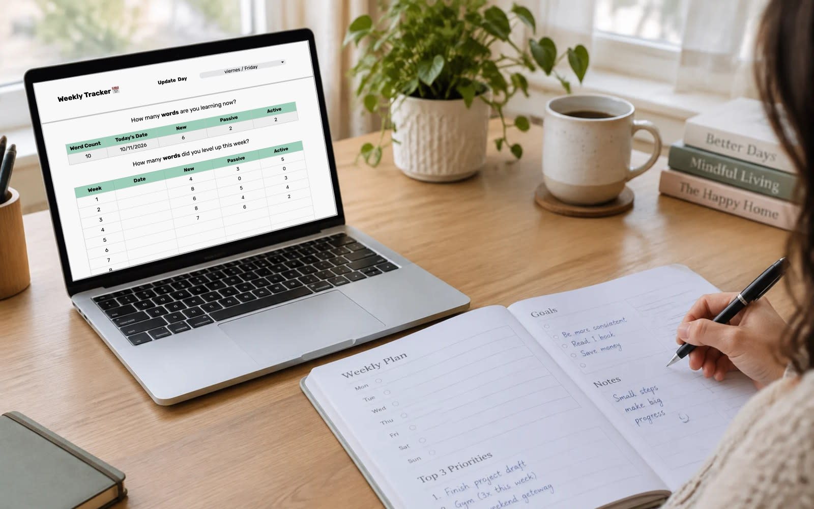 Laptop showing the Vocabulary Kit Weekly Tracker next to a printed weekly plan being filled in with a pen