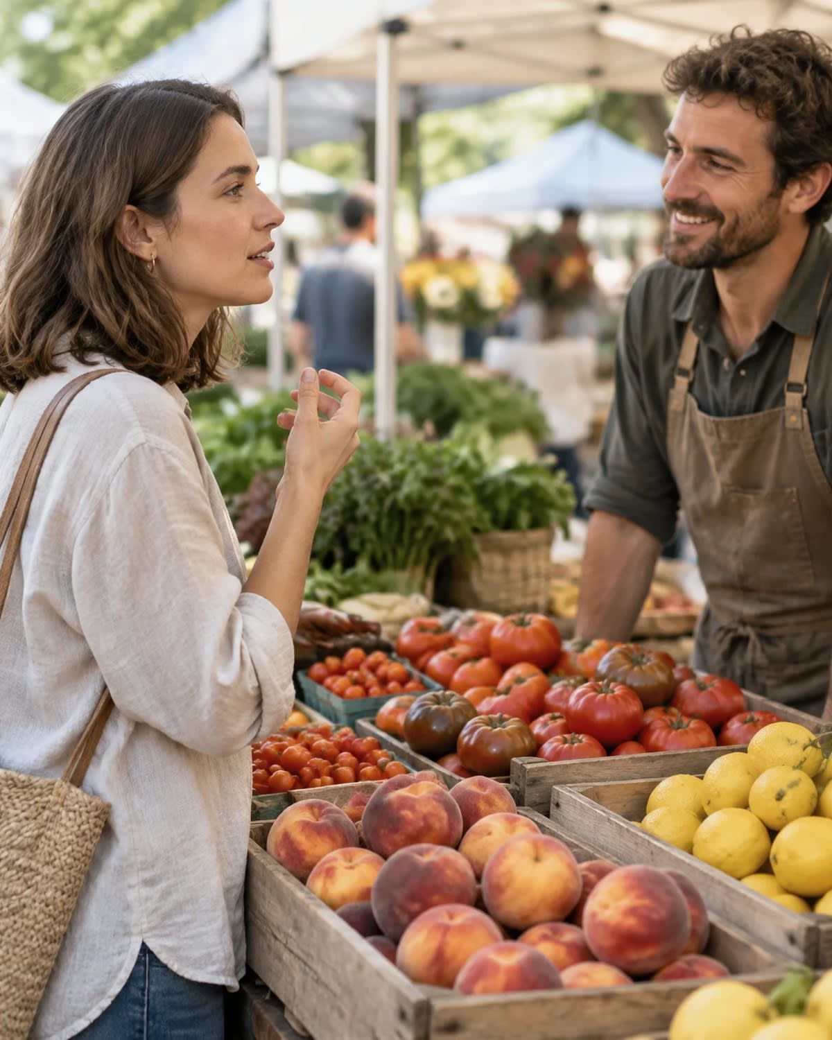 Woman pausing mid-sentence at a farmers market stall, searching for a word while the vendor smiles and waits