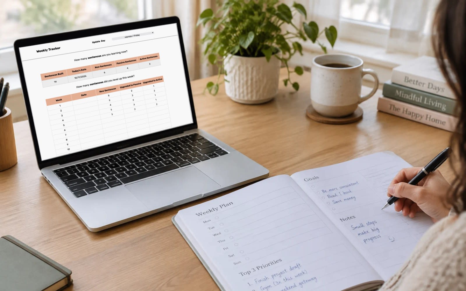 Laptop showing the Grammar Kit Weekly Tracker next to a printed weekly plan being filled in with a pen