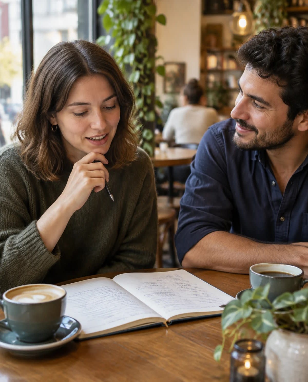 Woman at a cafe table with a notebook of grammar notes, searching for how to say her sentence while a friend listens patiently