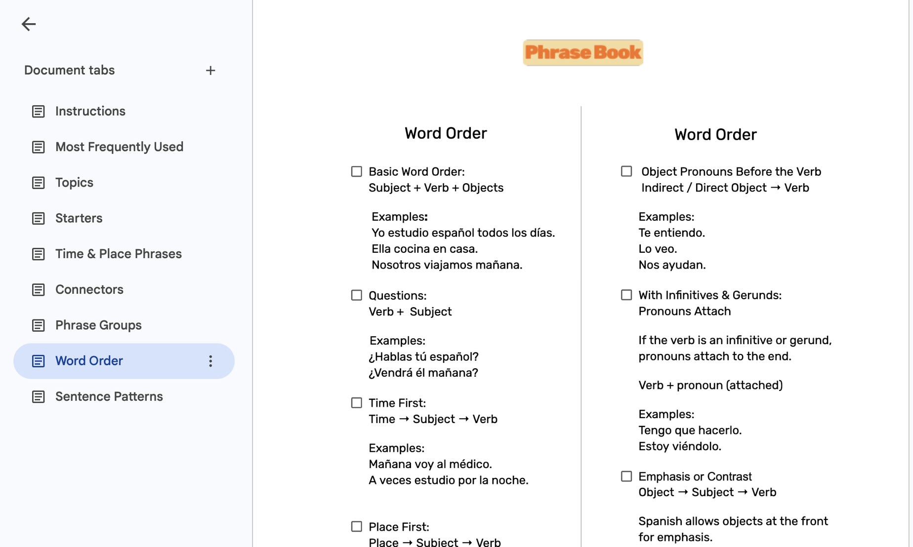 Spanish Phrase Book in Google Docs with document tabs for Most Frequently Used, Topics, Starters, Connectors, Phrase Groups, Word Order, and Sentence Patterns