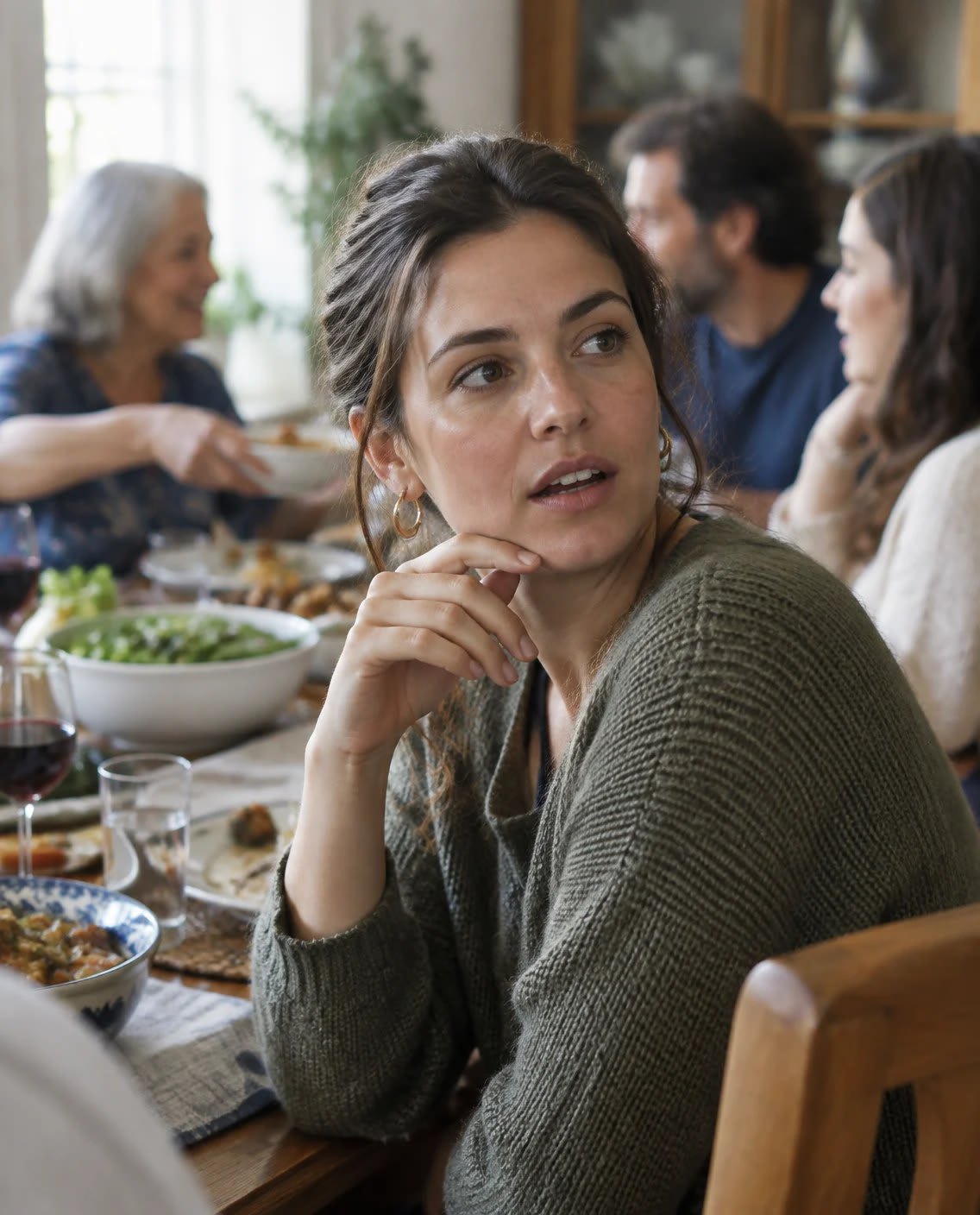 Woman at a family dinner table pausing mid-sentence, searching for the word she wants to say while relatives talk around her