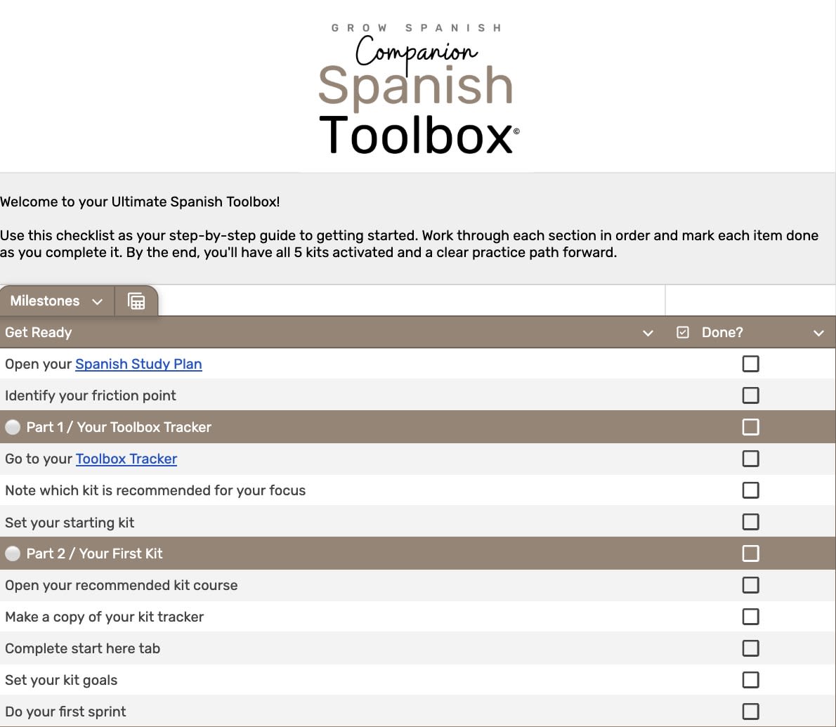 Toolbox Companion Action Plan checklist with a step-by-step path through all five kits