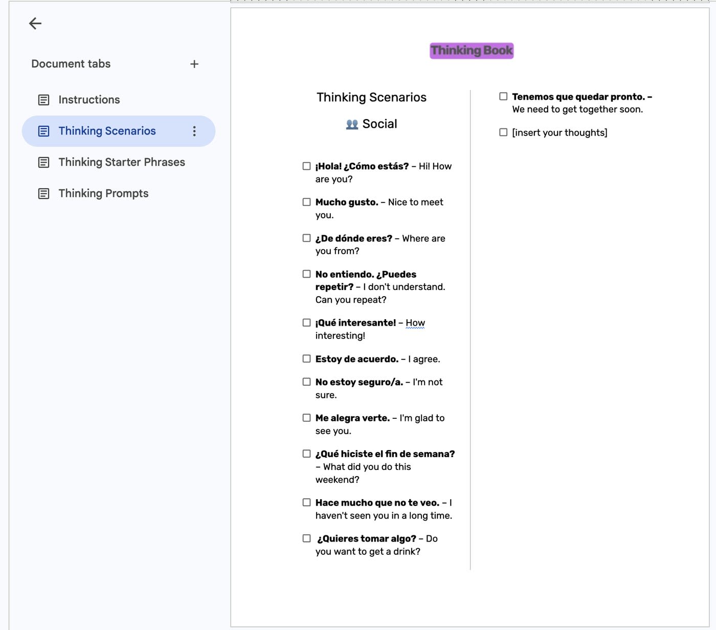 Thinking in Spanish Book in Google Docs with tabs for Instructions, Thinking Scenarios, Starter Phrases, and Prompts