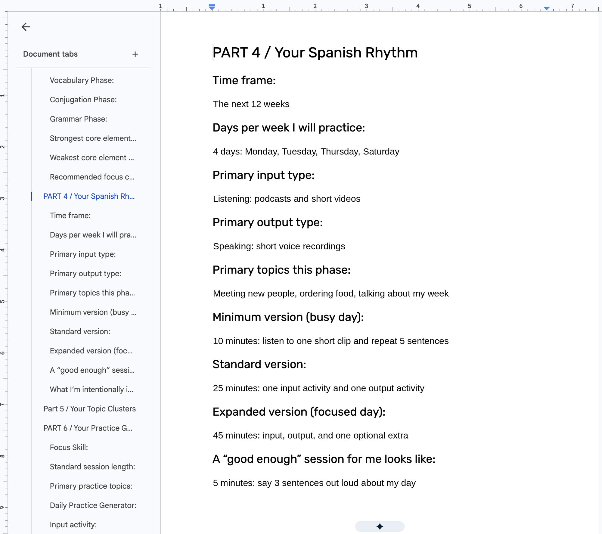 Part 4 of the Spanish Study Plan Template, Your Spanish Rhythm, with example answers filled in for time frame, days per week, input and output types, topics, and minimum, standard, expanded, and good enough sessions