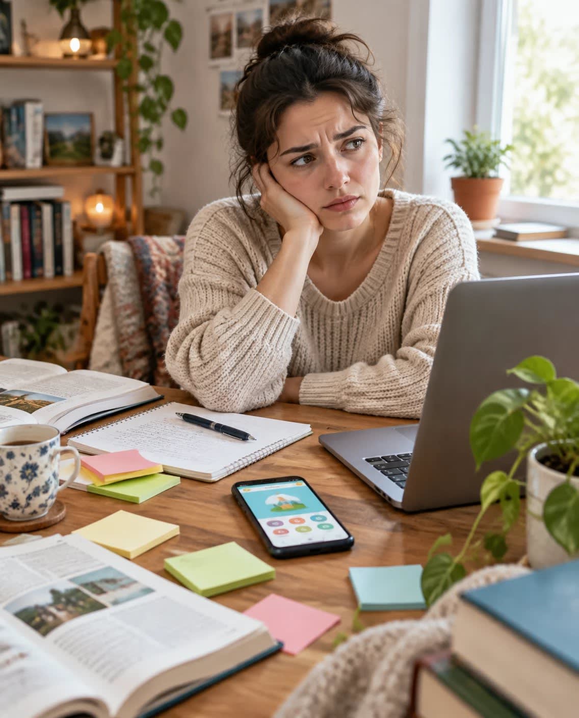 Young woman at a cluttered desk with a laptop, a language app on her phone, and a stack of books, unsure what to practice first