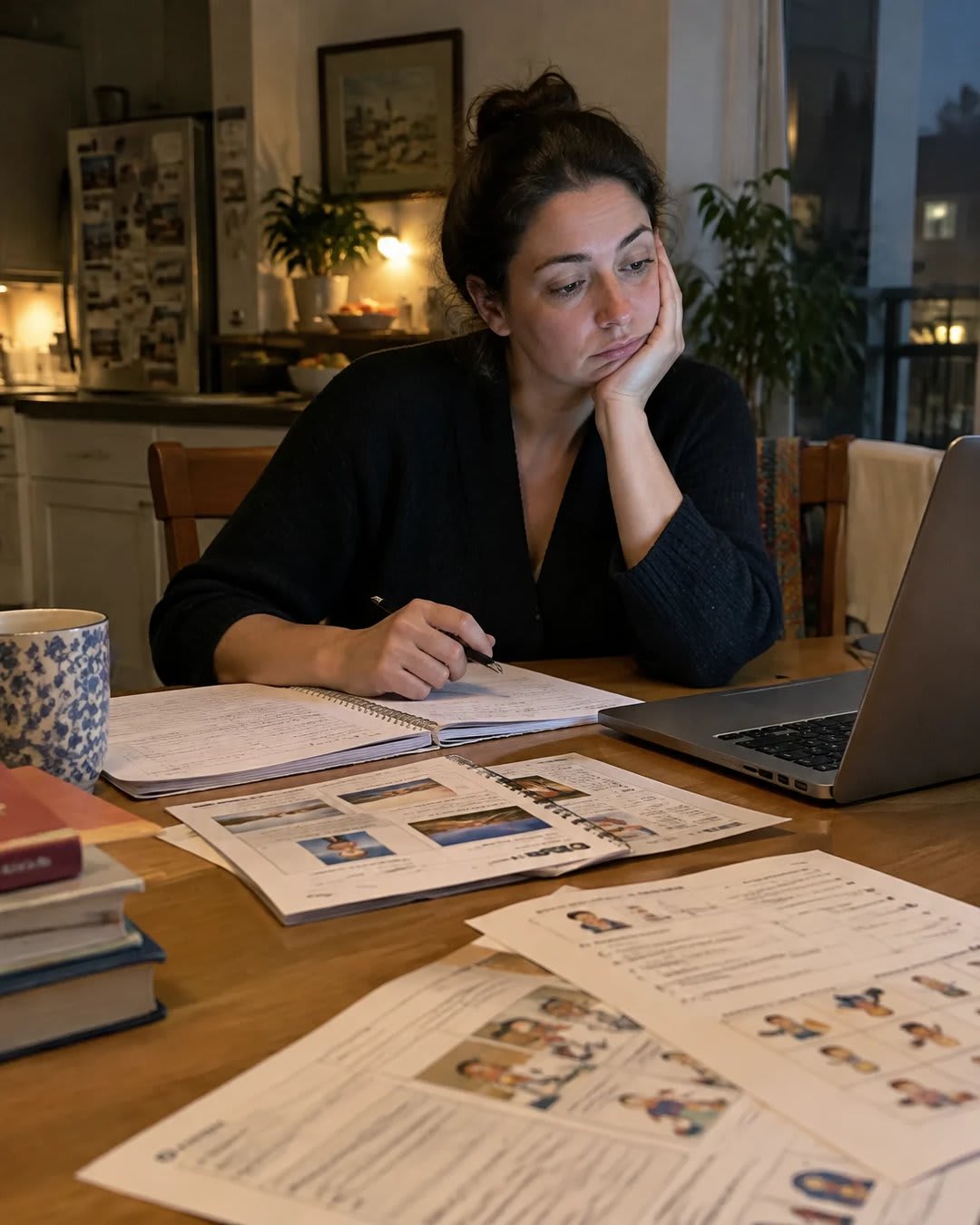 A tired teacher at her laptop late in the evening, building another Spanish lesson from scratch