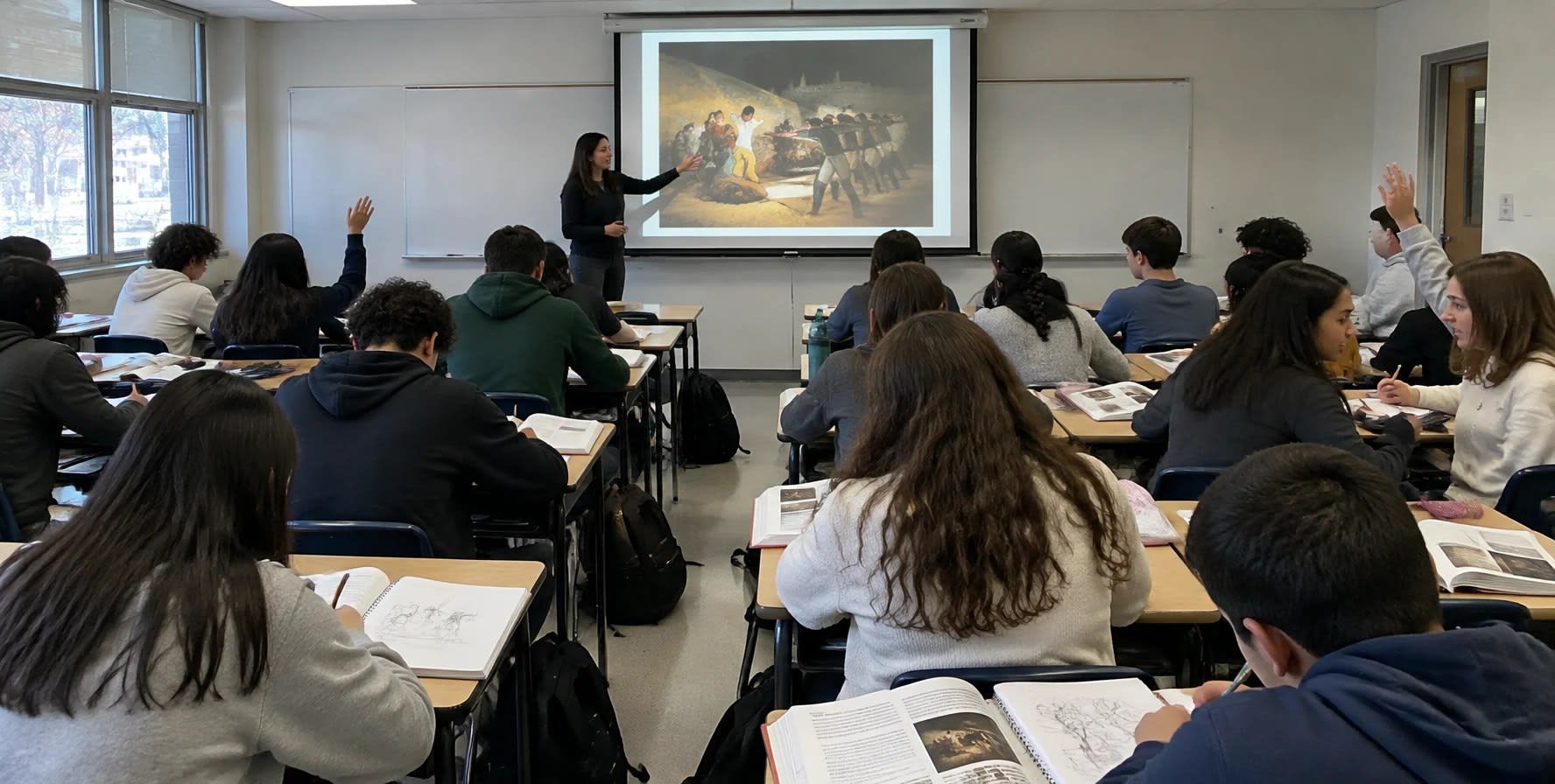 A Spanish class looking at a famous painting on the projector while students write and draw