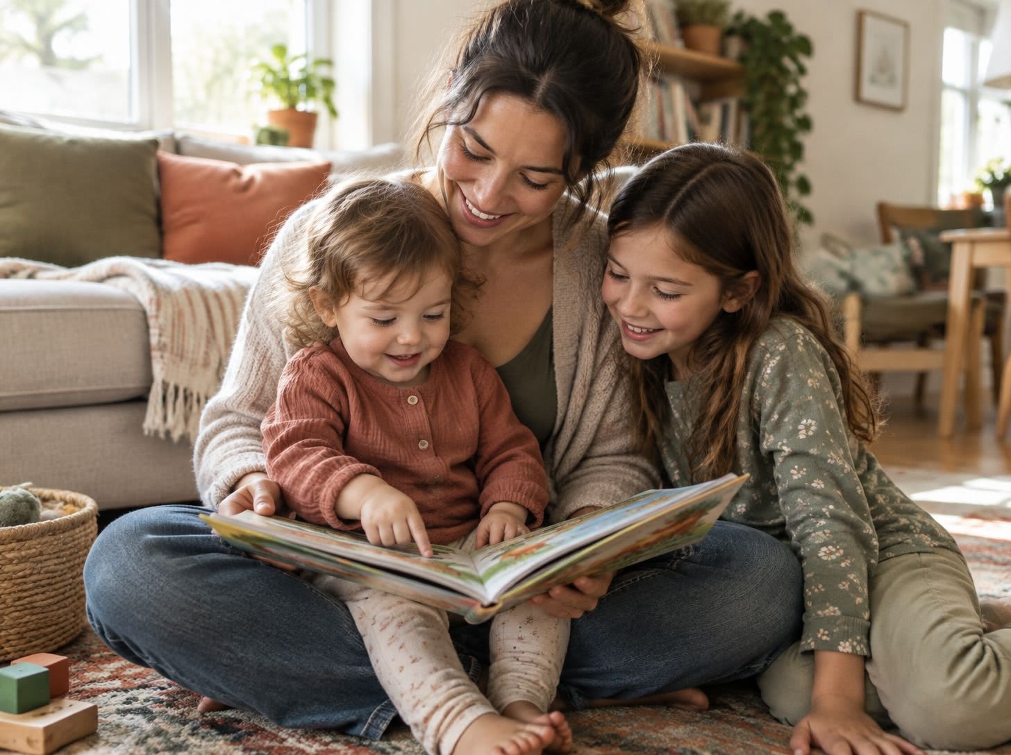 A mother reading a picture book with her toddler and school-age child on the living room rug