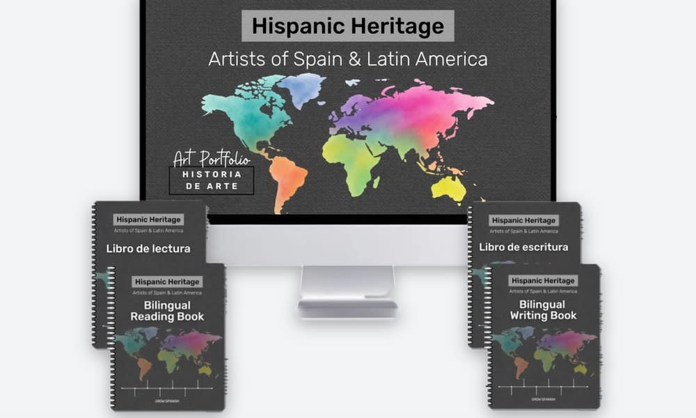 The Hispanic Heritage Art Portfolio: the Interactive Slides, Reading Book, and Writing Book, in bilingual and Spanish-only editions