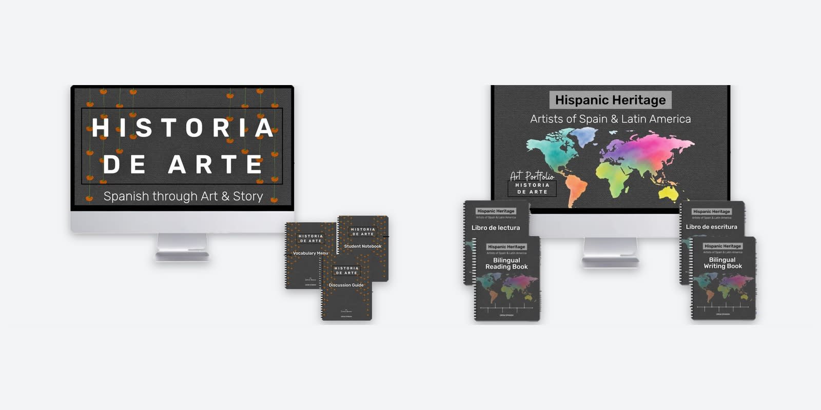 Historia de Arte and the Hispanic Heritage Art Portfolio, shown with their slides and workbooks