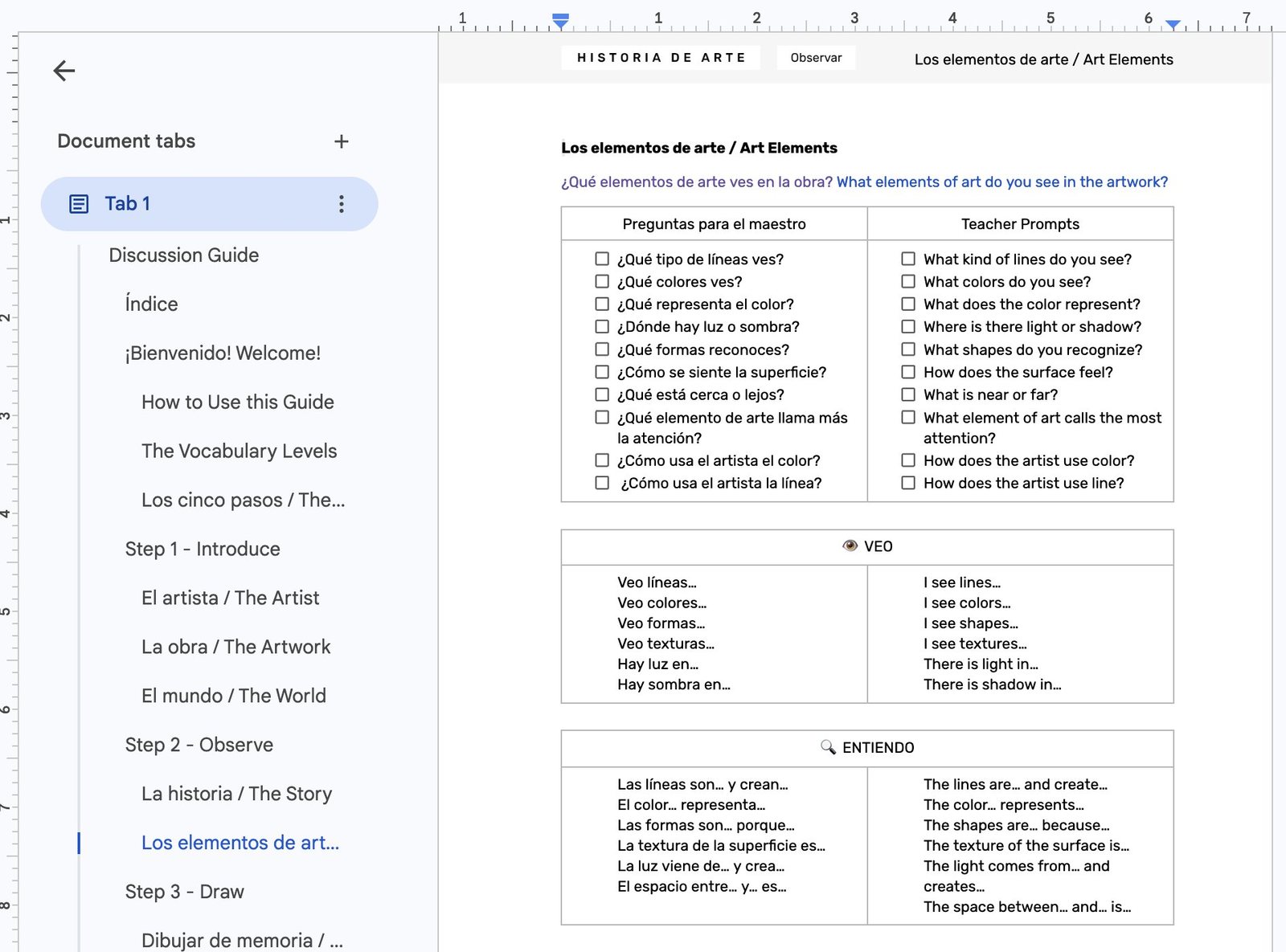 The Discussion Guide: Spanish and English teacher prompts with checkboxes, plus sentence starters for the Veo and Entiendo levels