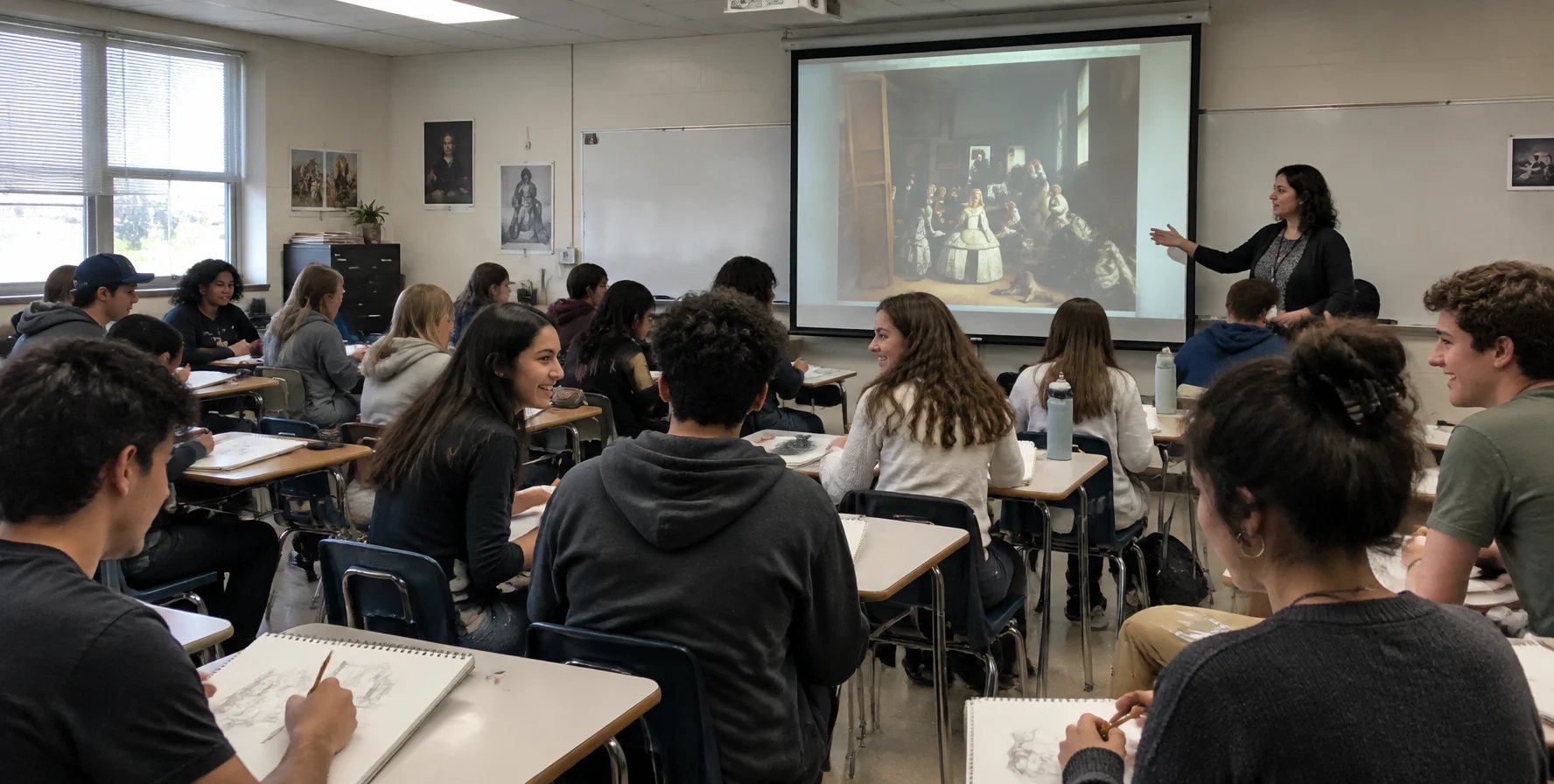 A crowded classroom where students draw and talk in Spanish while the teacher points to Las Meninas on the projector screen
