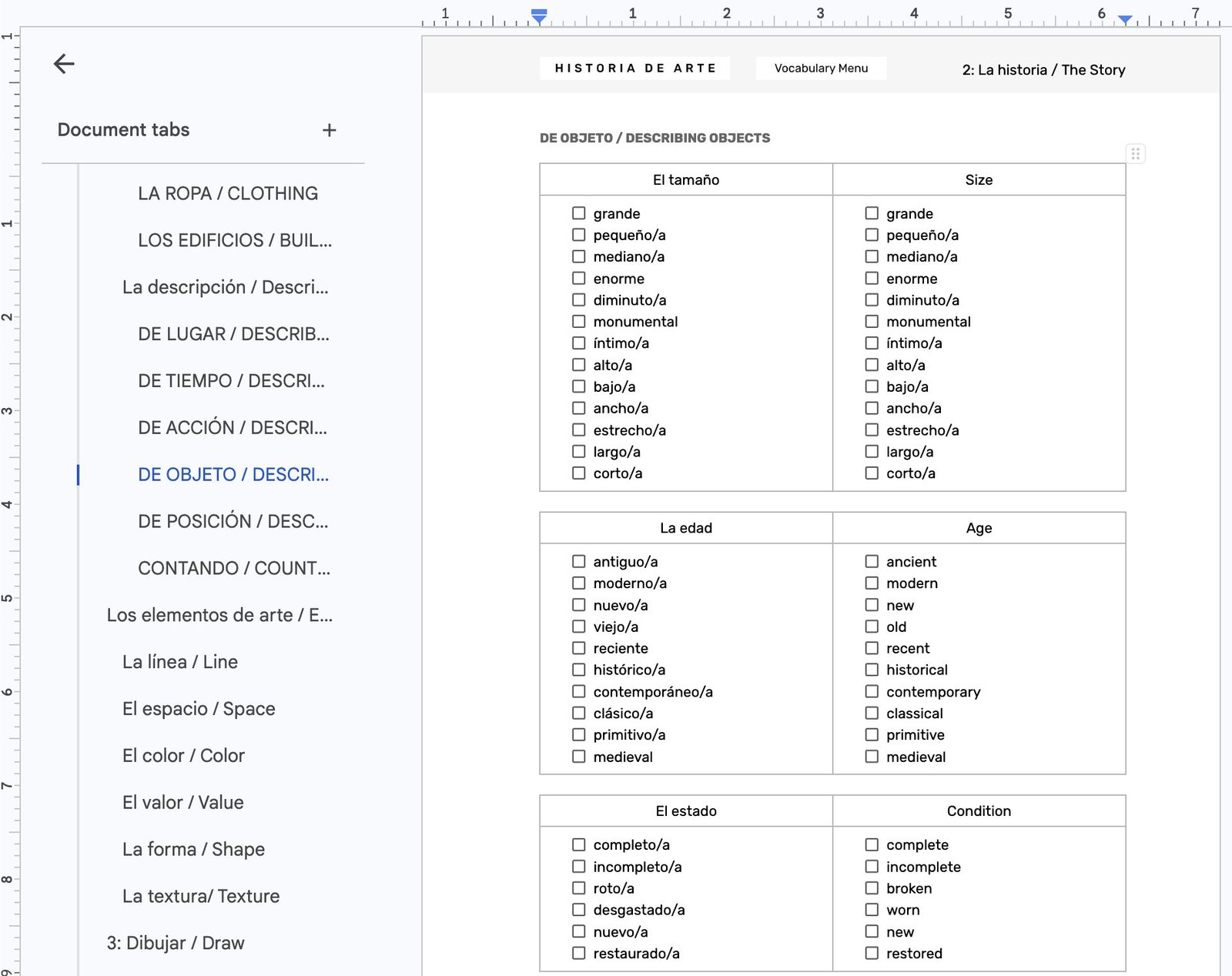 The Vocabulary Menu: Spanish and English word boxes for describing objects, with checkboxes to mark words for your class