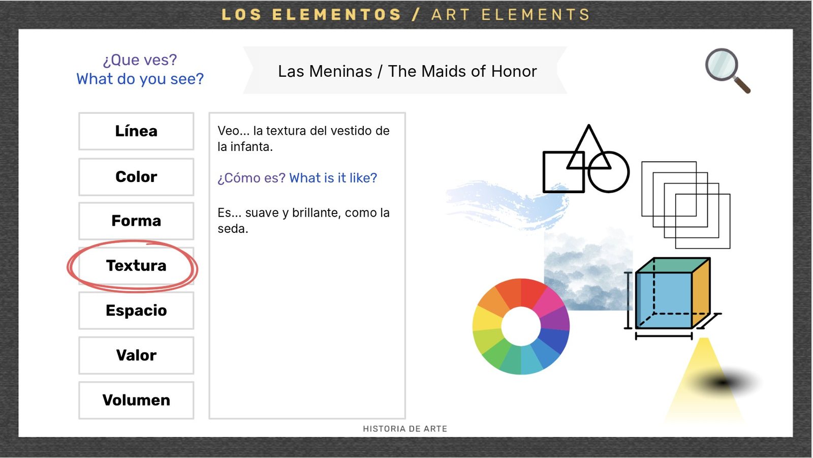 An Interactive Slides elements slide for Las Meninas with Textura circled and the sentence starters Veo and Es filled in