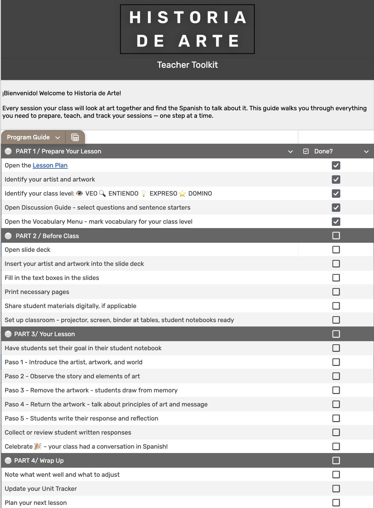The Program Guide checklist in the Teacher Toolkit, with the Part 1 tasks checked off