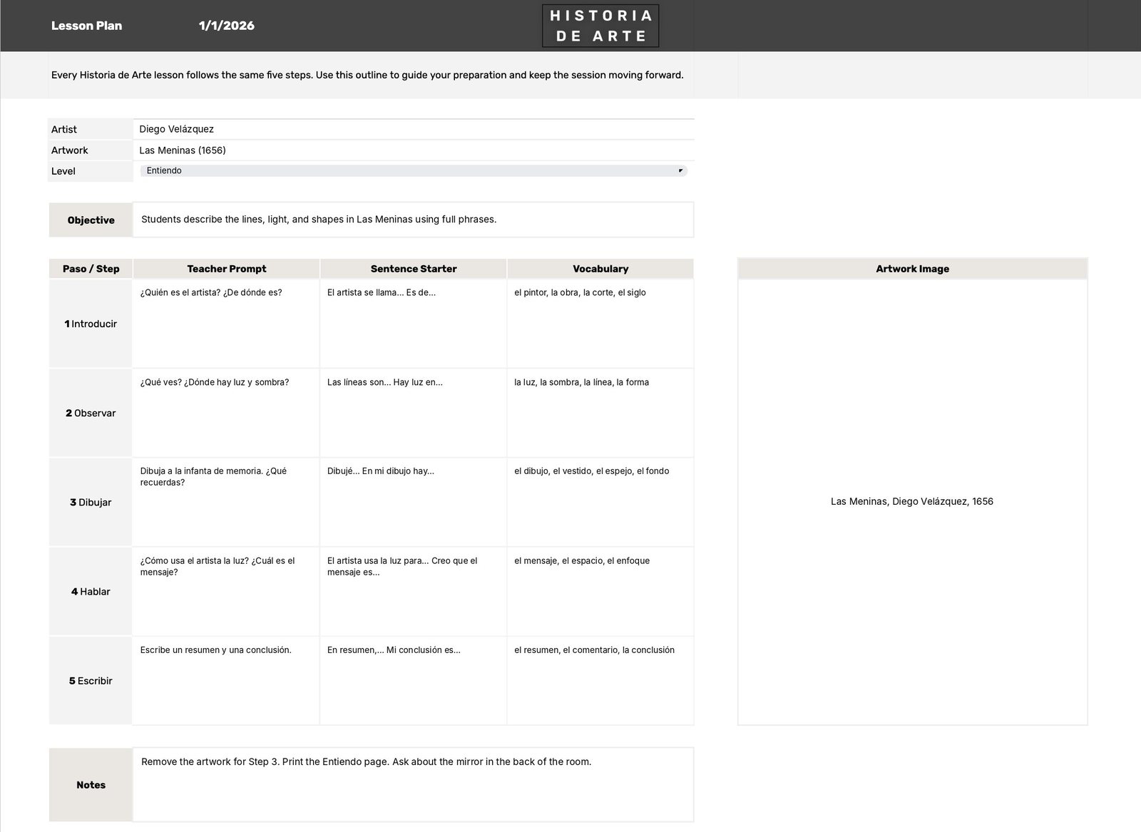The Lesson Plan tab filled in for Las Meninas with a teacher prompt, sentence starter, and vocabulary for each of the five steps