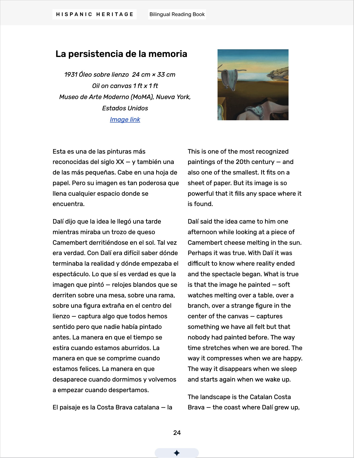 A page of the Bilingual Reading Book: La persistencia de la memoria by Salvador Dalí, with the story in Spanish and English side by side