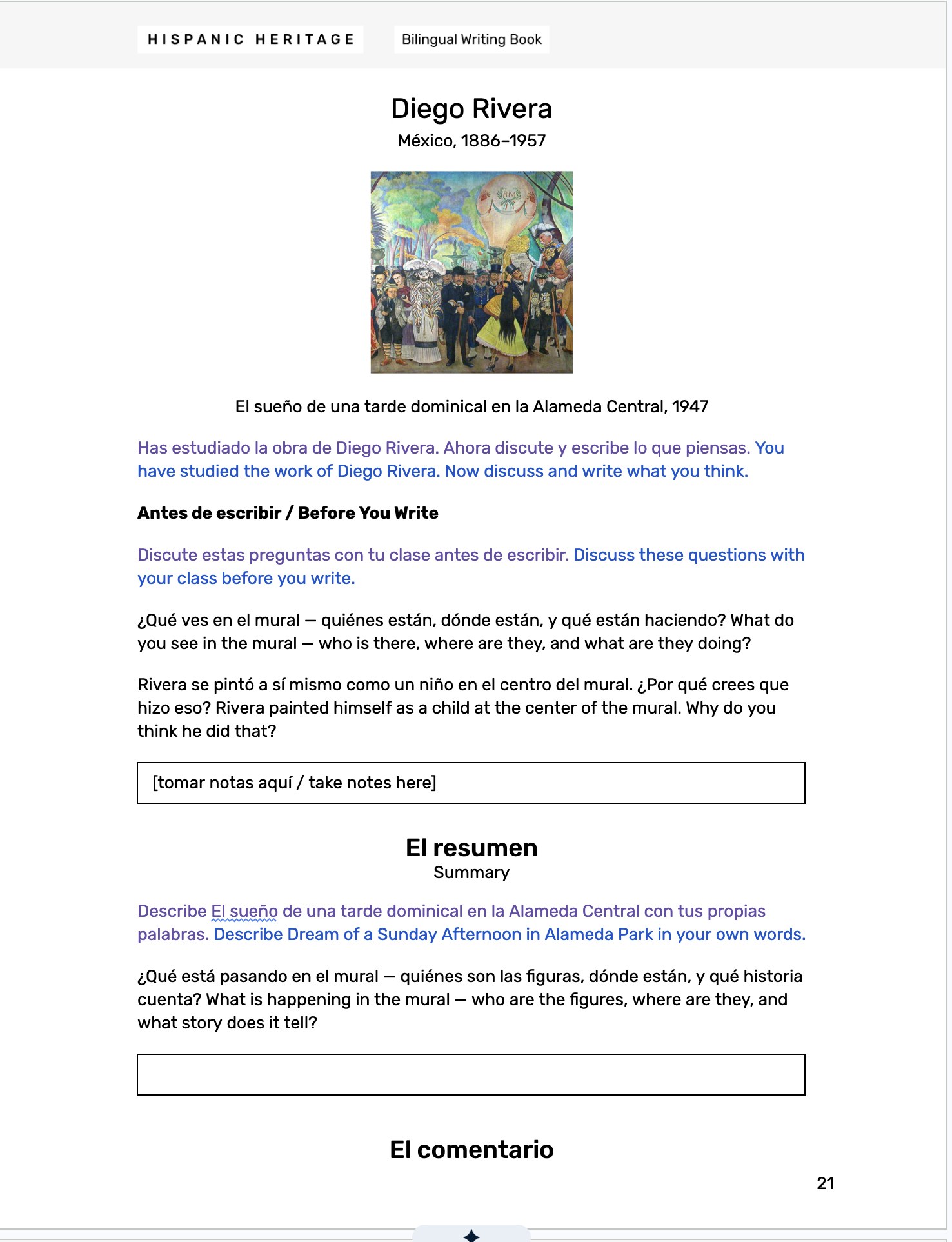 A page of the Bilingual Writing Book for Diego Rivera: discussion questions, a note box, and the Resumen section
