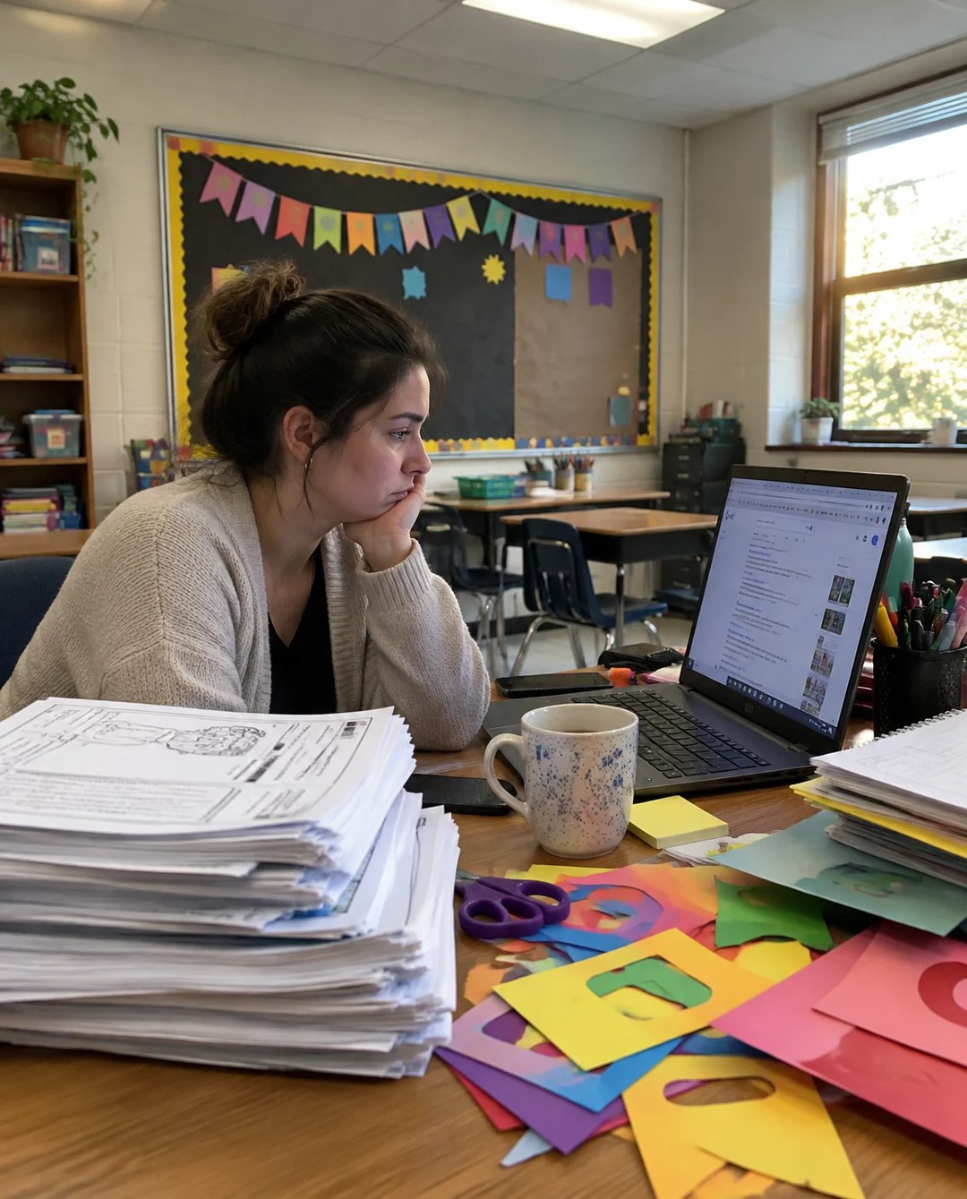 A Spanish teacher at her classroom desk with stacks of worksheets, colorful paper cutouts, and a laptop, chin in hand while searching for Hispanic Heritage Month activities